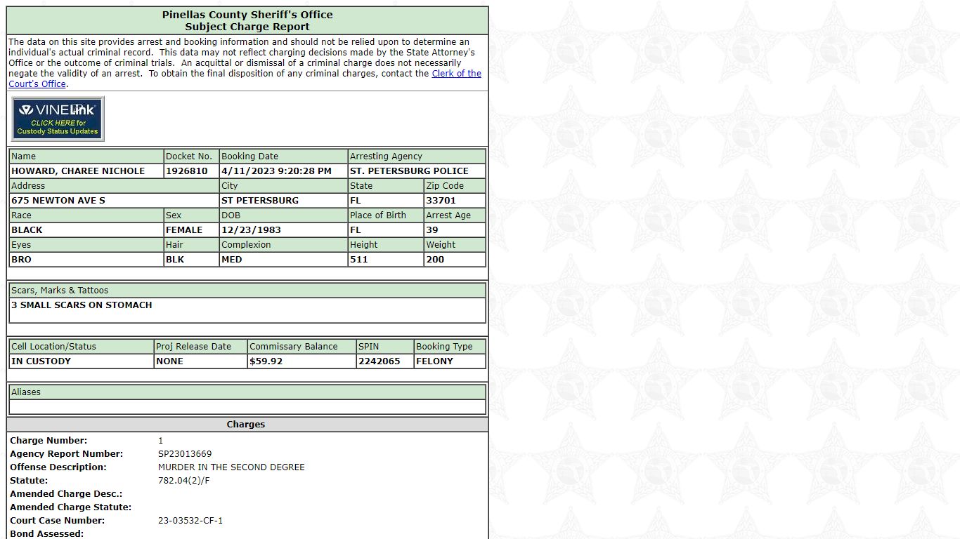 Pinellas County Sheriff's Office Charge Report